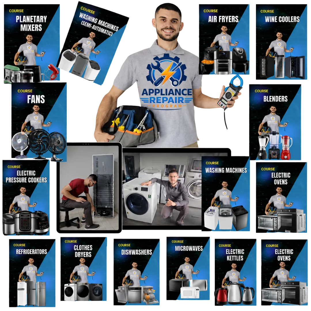 Complete appliance repair program mockup showing the instructor, lessons, tools and appliance repair course covers