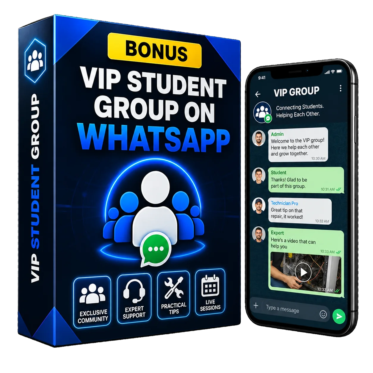Mockup ultra realista del bono VIP Student Group on WhatsApp