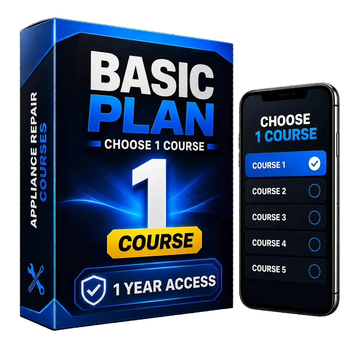 Ultra-realistic mockup of the Basic Plan: choose 1 appliance repair course